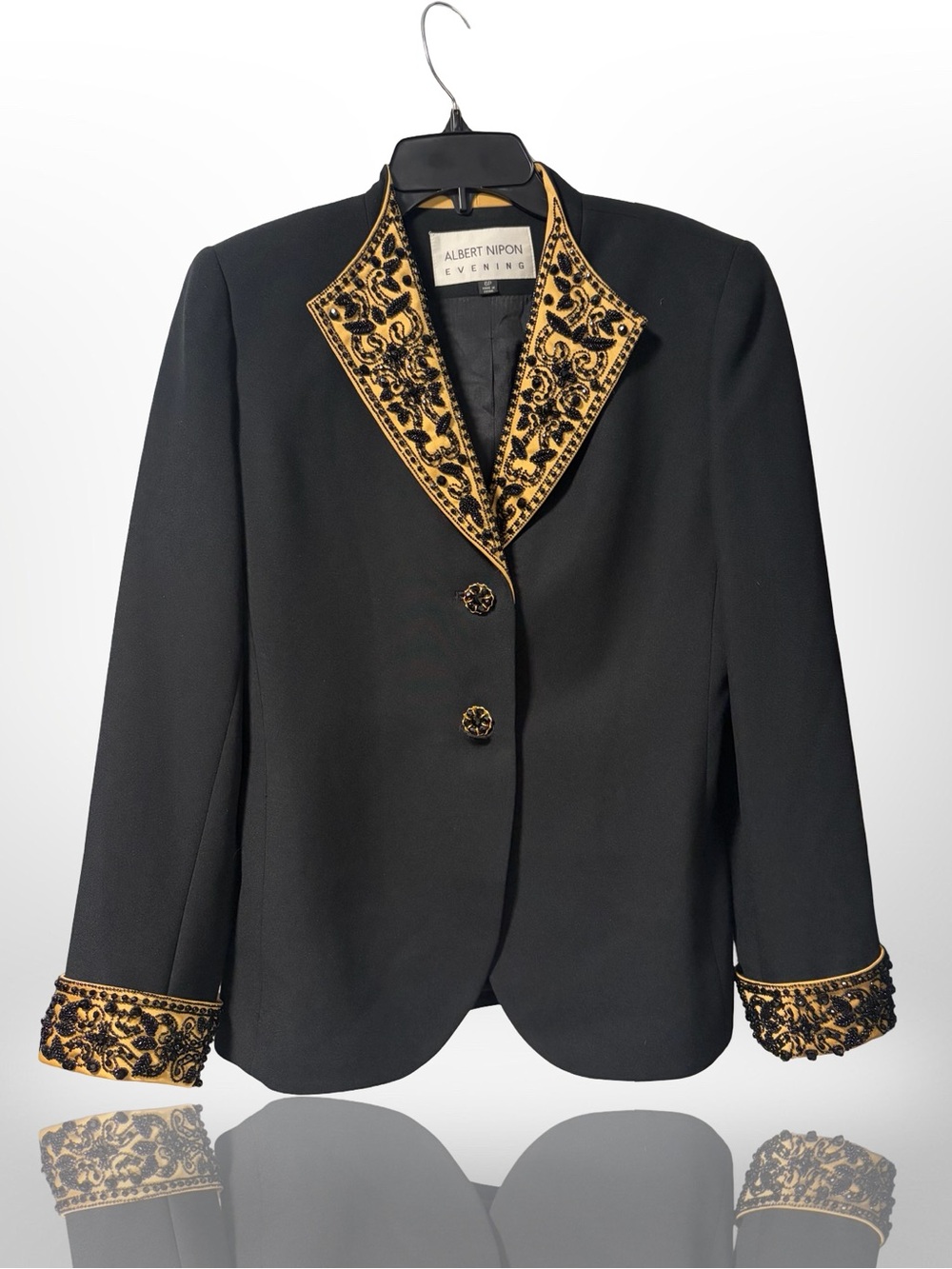 Vintage Albert Nipon Evening Beaded Blazer Jacket Black Gold Velvet Trim Size 6P